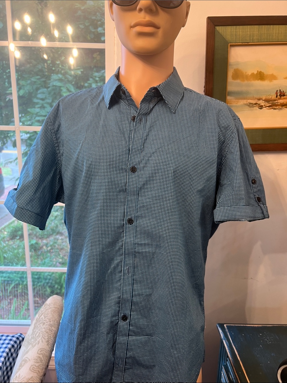 Calvin Klein Blue Micro-Check Short-Sleeve Button-Down Shirt